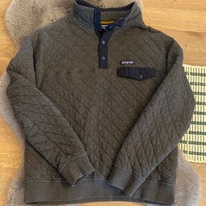 Patagonia Men’s Quilted Pullover Sweatshirt in Charcoal Gray and Dark Blue